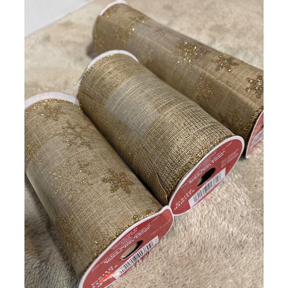 2 Gold Glitter Snowflake Extra Wide Ribbon 1 Roll Solid Tan Gold 6 Yards Each - Picture 3 of 7